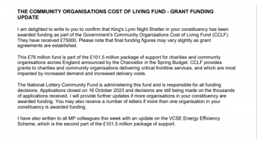 Night Shelter funding letter